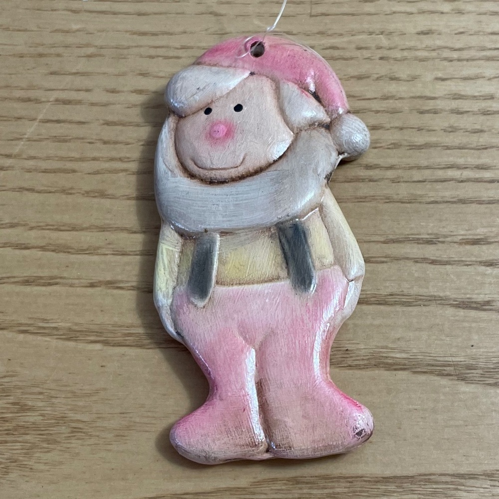 Vintage Ceramic Elf Christmas Ornament in Overalls Handmade Duncan Enterprises